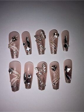 Luxury Nude Glitter Press-On Nails w/ Rhinestones & Butterfly – Full Kit-size M